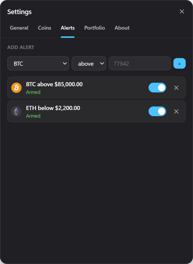 DeskPulse alerts settings with two armed alerts: BTC above $85,000 and ETH below $2,200