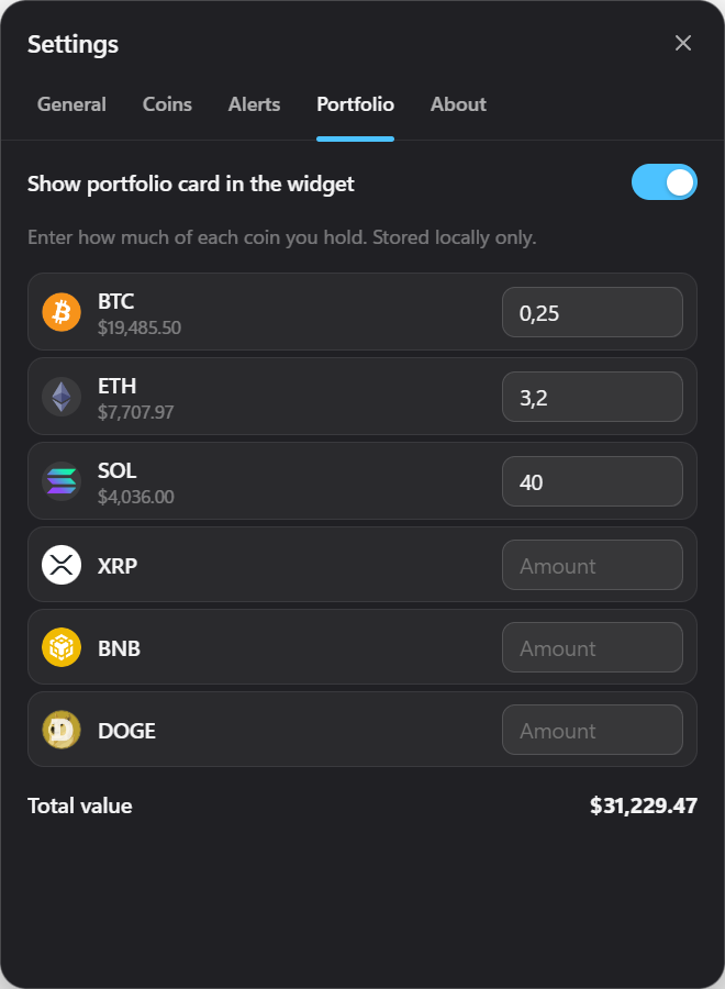DeskPulse portfolio settings with holdings entered for BTC, ETH and SOL and a total value